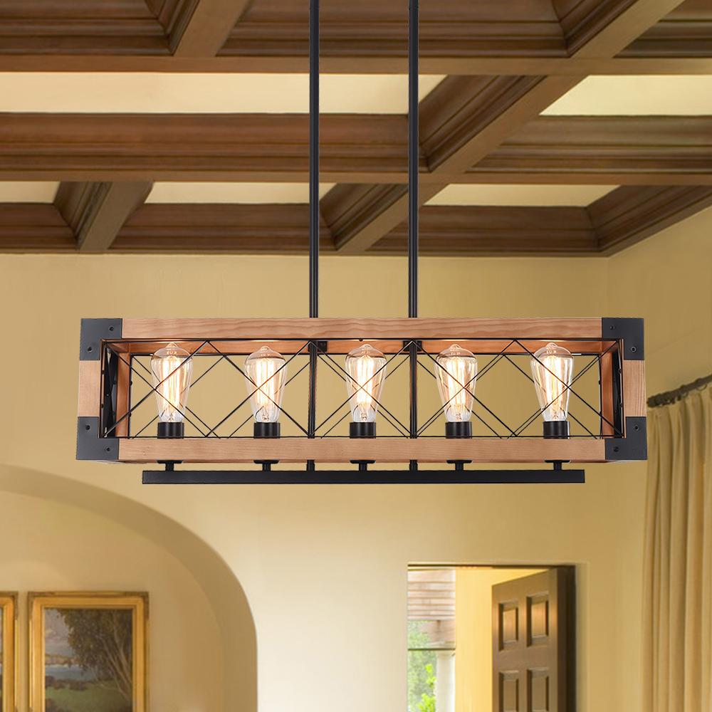 Wood Rectangle Linear Chandelier &mdash; dining room view